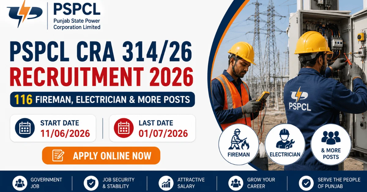 PSPCL CRA 314/26 Recruitment 2026: 116 Fireman, Electrician & More Posts